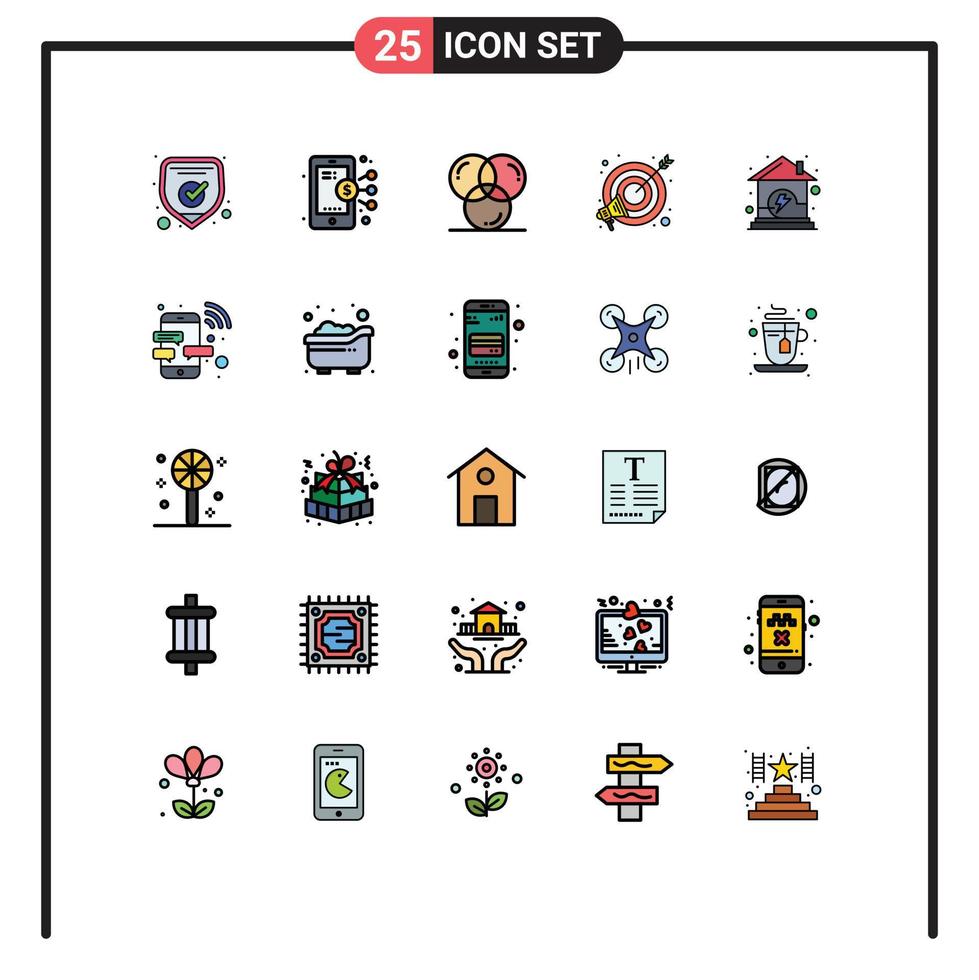 Universal Icon Symbols Group of 25 Modern Filled line Flat Colors of energy focus coding target programing Editable Vector Design Elements