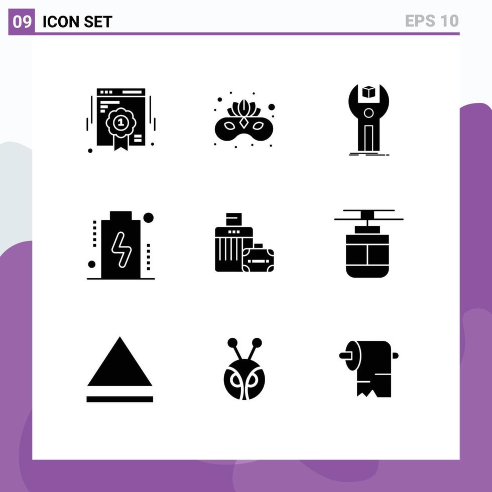 Mobile Interface Solid Glyph Set of 9 Pictograms of luggage devices sdk charge programming Editable Vector Design Elements