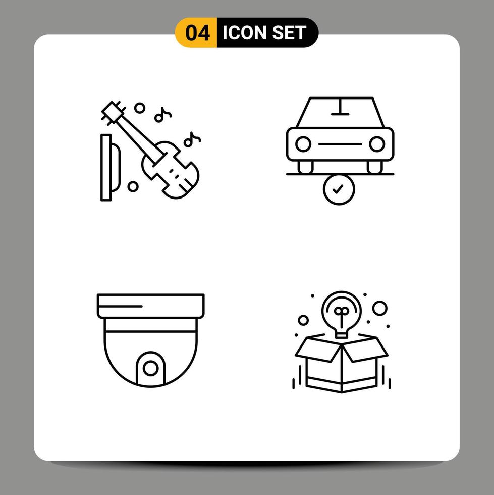 4 User Interface Line Pack of modern Signs and Symbols of guitar cam violin complete security Editable Vector Design Elements
