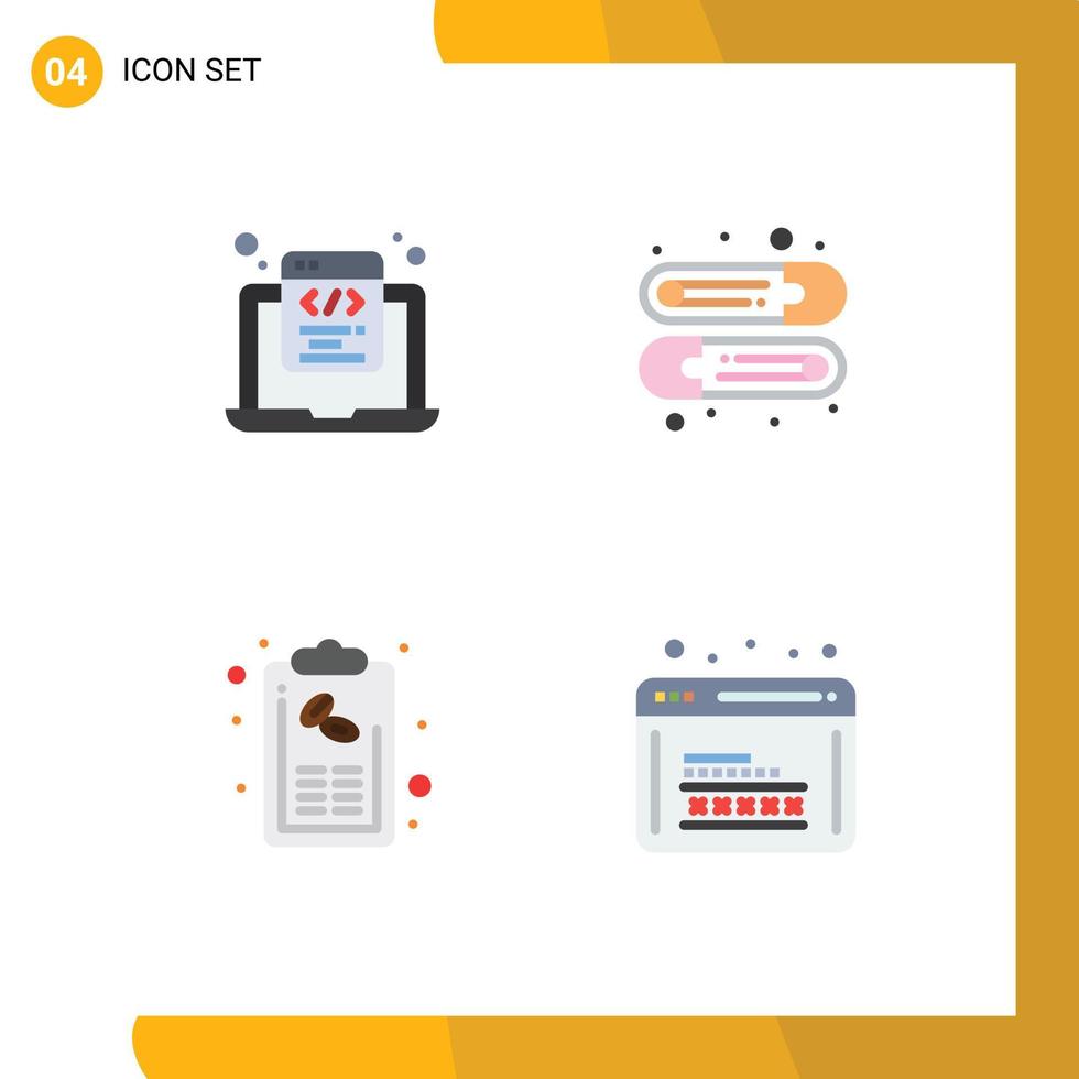 Group of 4 Modern Flat Icons Set for coding coffee programming kids list Editable Vector Design Elements