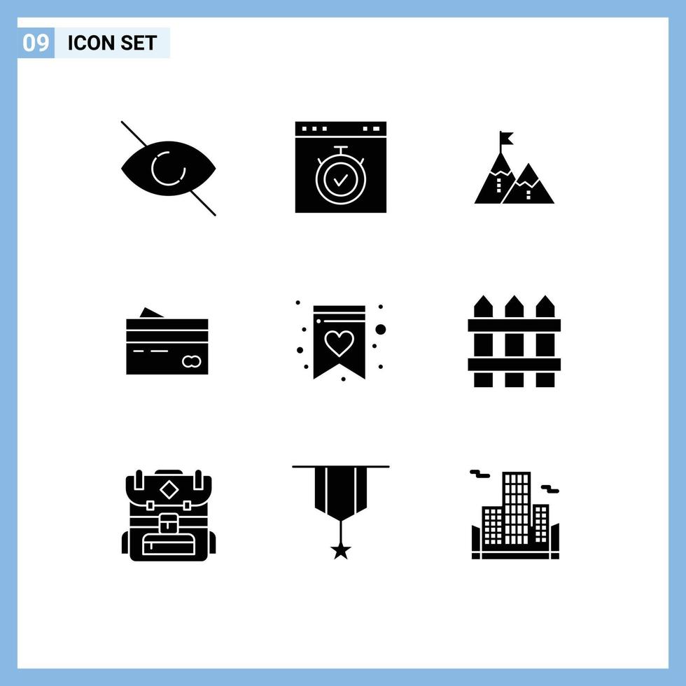 Universal Icon Symbols Group of 9 Modern Solid Glyphs of card creditcard success peak mission Editable Vector Design Elements