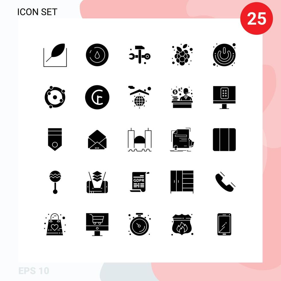 Pictogram Set of 25 Simple Solid Glyphs of power button on off databases vineyard grapes Editable Vector Design Elements
