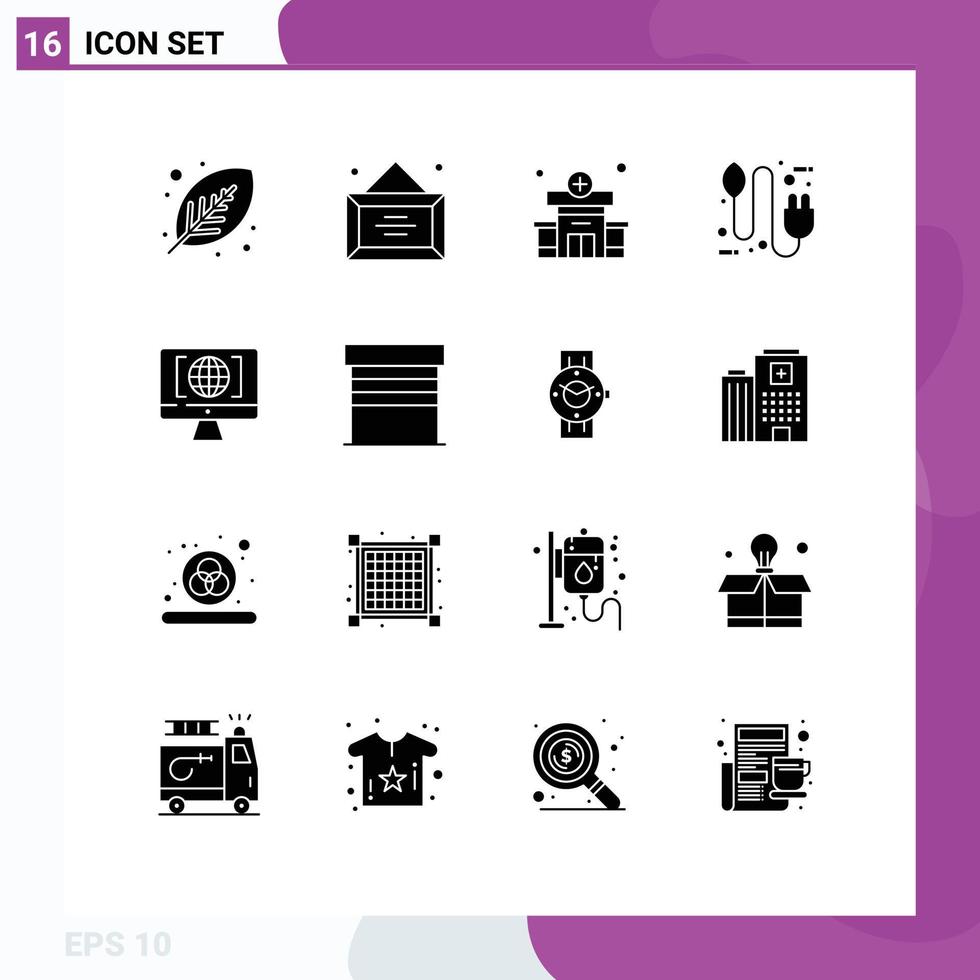 Group of 16 Modern Solid Glyphs Set for computer electricity office eco bio Editable Vector Design Elements