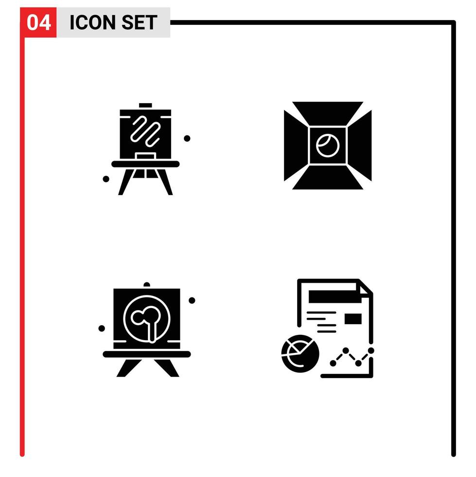 Mobile Interface Solid Glyph Set of 4 Pictograms of easel stationery focus shooting report Editable Vector Design Elements