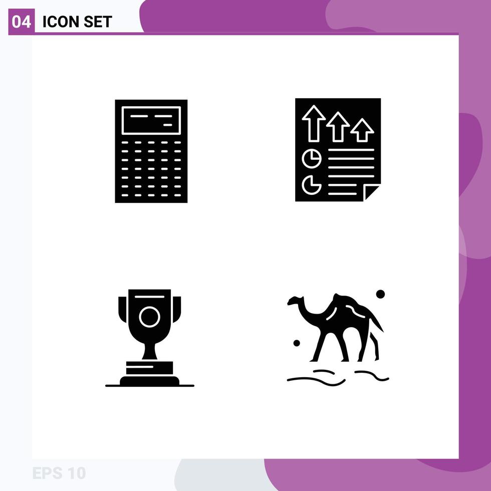 Mobile Interface Solid Glyph Set of 4 Pictograms of calculate achievment math document sport Editable Vector Design Elements