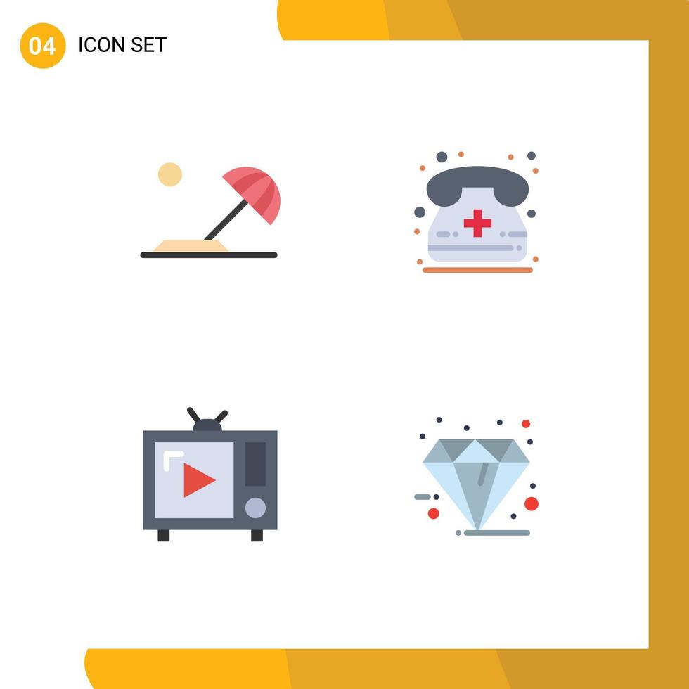 User Interface Pack of 4 Basic Flat Icons of beach retro tv sun medical call tv set Editable Vector Design Elements