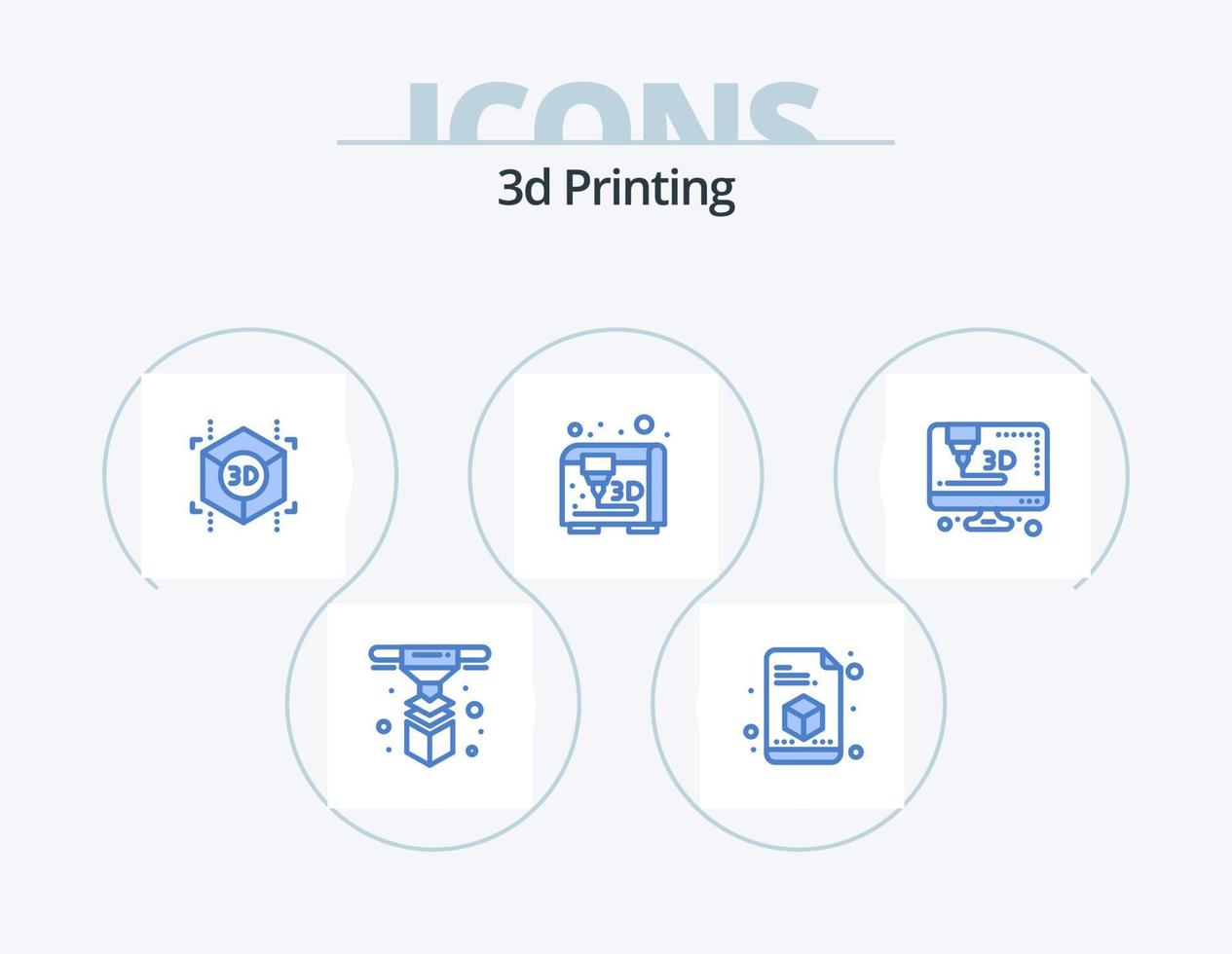 3d Printing Blue Icon Pack 5 Icon Design. printer. printing. page. modeling. shape vector