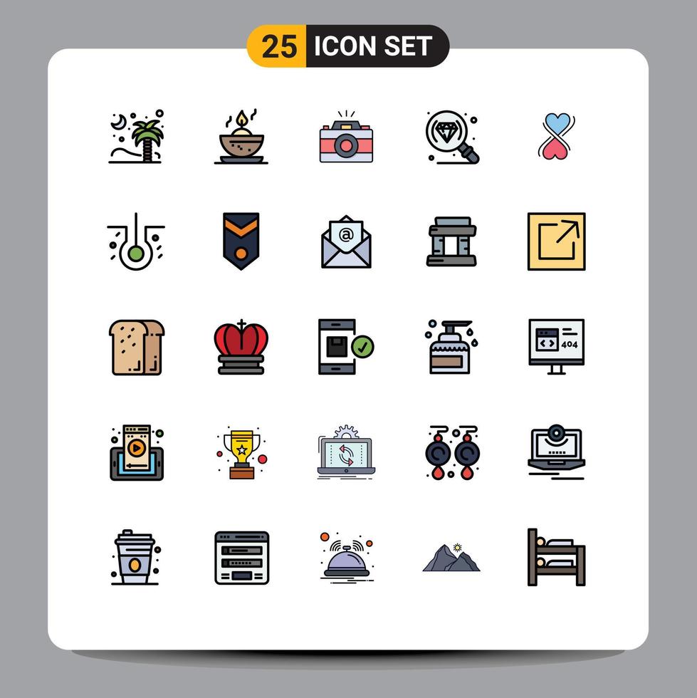 Modern Set of 25 Filled line Flat Colors Pictograph of typography heart camera research diamond Editable Vector Design Elements