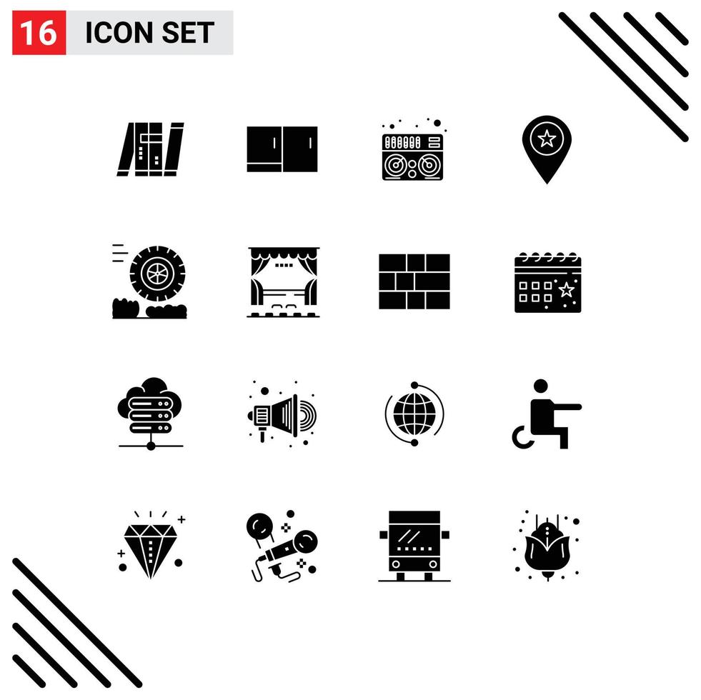16 Thematic Vector Solid Glyphs and Editable Symbols of friction marker home appliances map star Editable Vector Design Elements