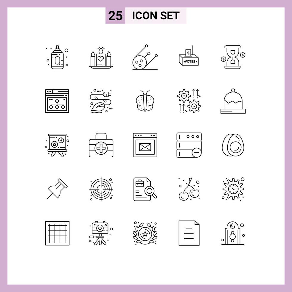 Modern Set of 25 Lines Pictograph of loading glass shuttle money election Editable Vector Design Elements