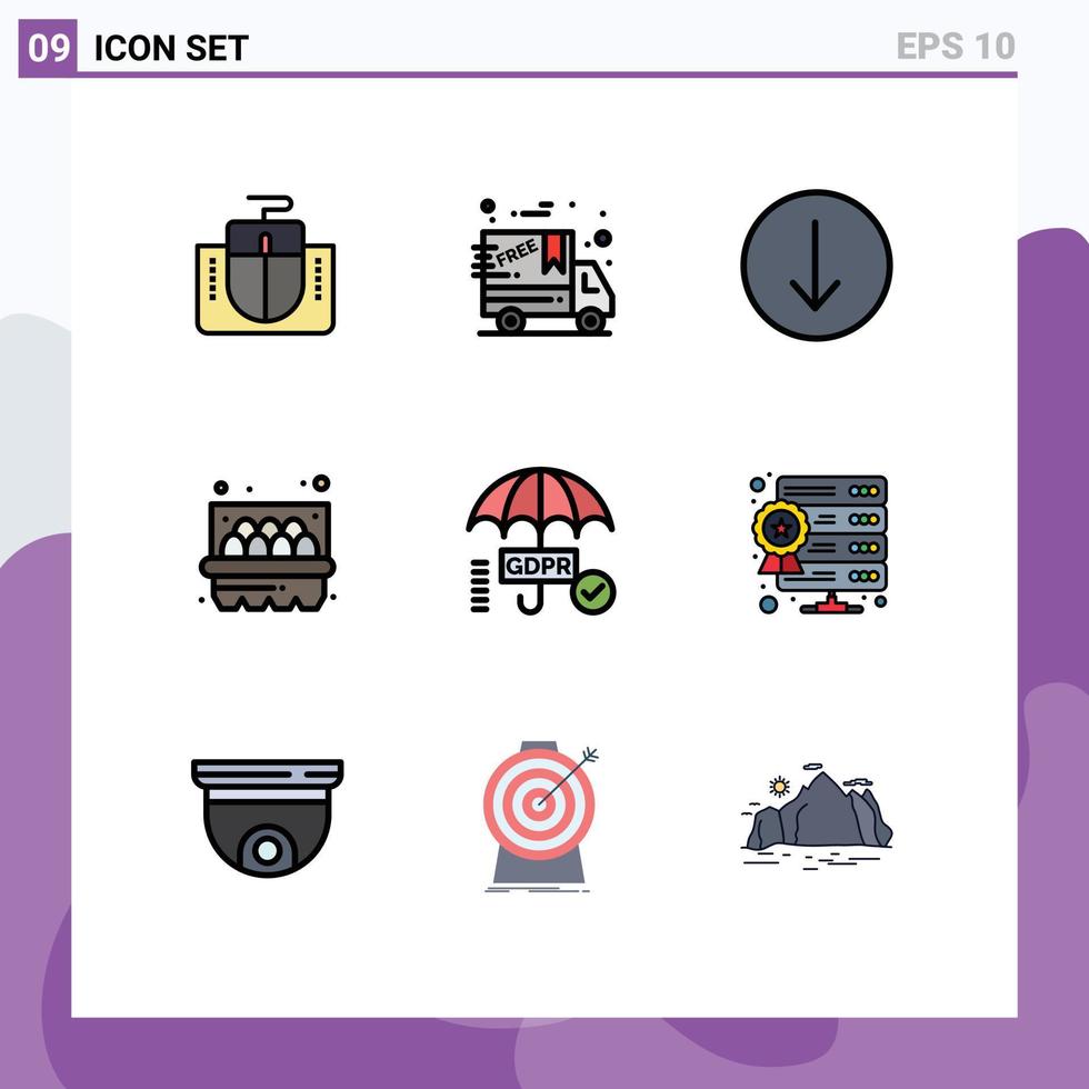 Group of 9 Filledline Flat Colors Signs and Symbols for database tick symbol security egg Editable Vector Design Elements