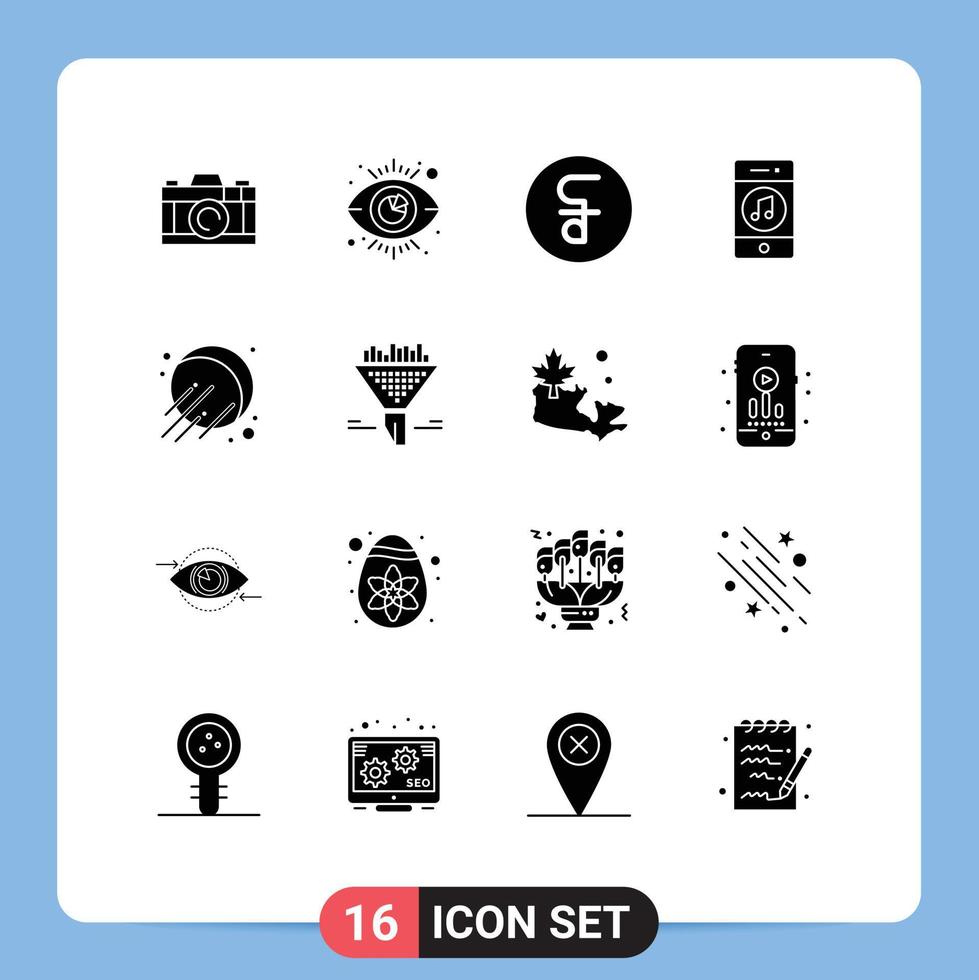 Mobile Interface Solid Glyph Set of 16 Pictograms of space social coin player media Editable Vector Design Elements