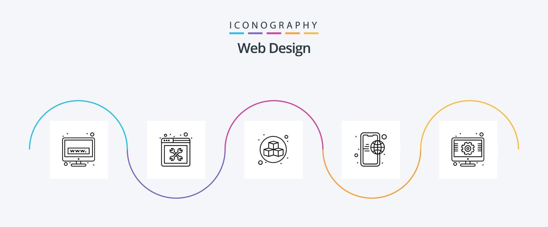 Web Design Line 5 Icon Pack Including setting. mobile internet. 3d. mobile. globe vector