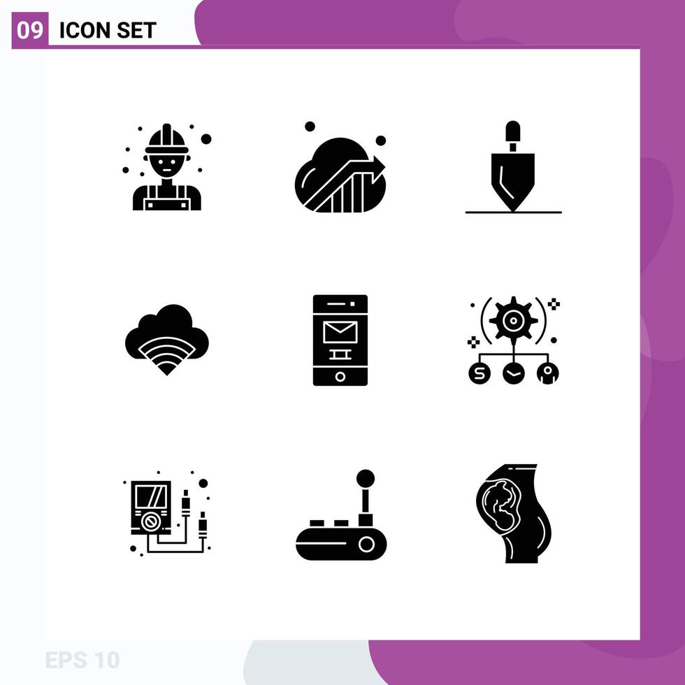 Pack of 9 Modern Solid Glyphs Signs and Symbols for Web Print Media such as junk signal equipment wifi cloud Editable Vector Design Elements