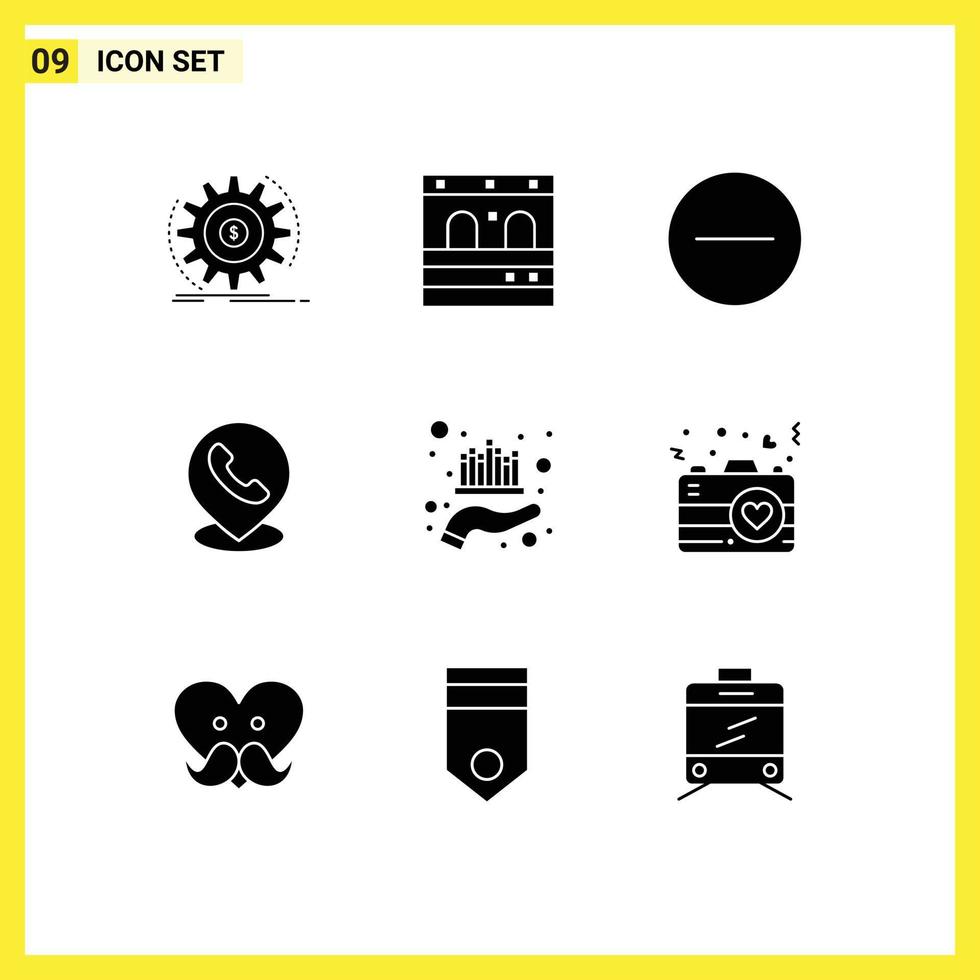 Group of 9 Solid Glyphs Signs and Symbols for management asset circle location phone Editable Vector Design Elements