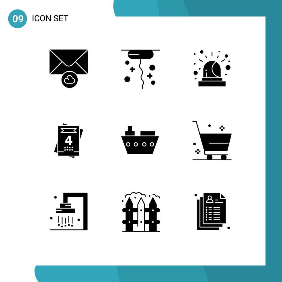 Group of 9 Solid Glyphs Signs and Symbols for delete vehicles siren sea boat Editable Vector Design Elements