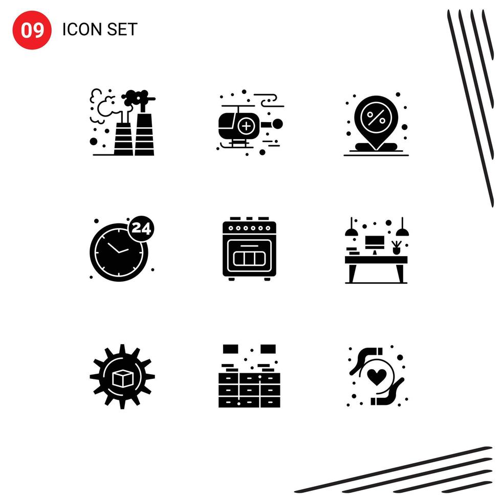 Pack of 9 Modern Solid Glyphs Signs and Symbols for Web Print Media such as baking service discount open clock Editable Vector Design Elements