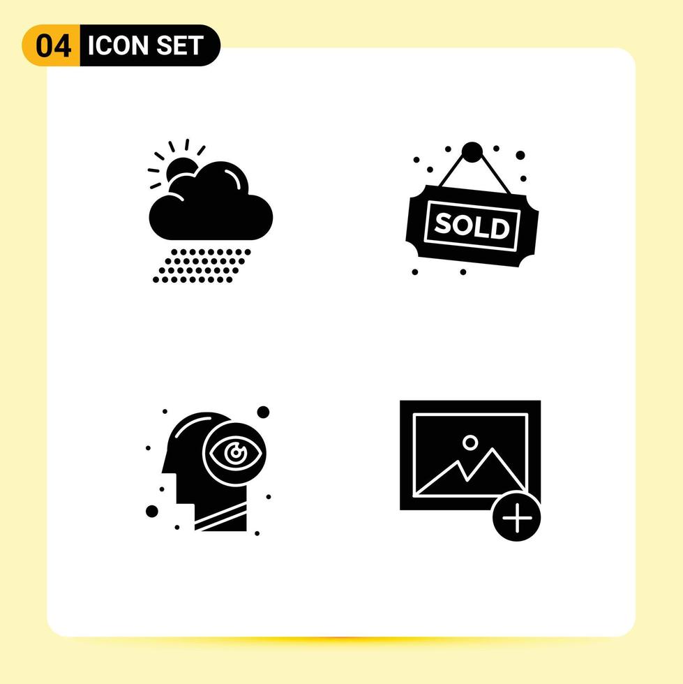 Pack of 4 creative Solid Glyphs of cloud mind sun property eye view Editable Vector Design Elements