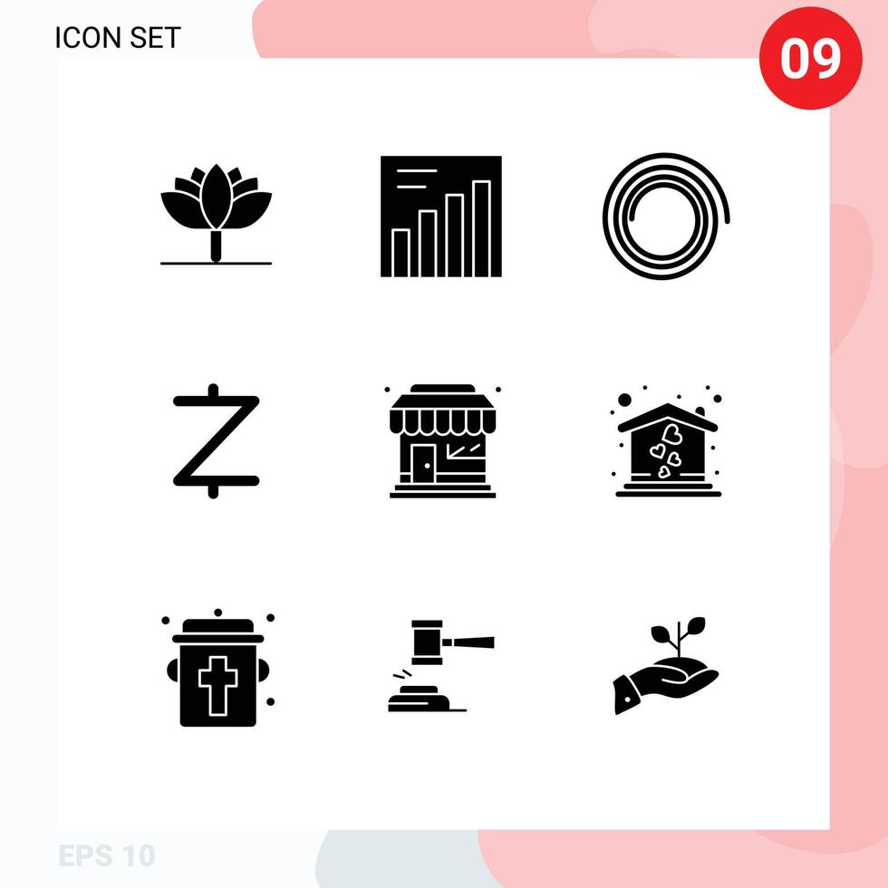 Solid Glyph Pack of 9 Universal Symbols of sweet home home coin store market store Editable Vector Design Elements