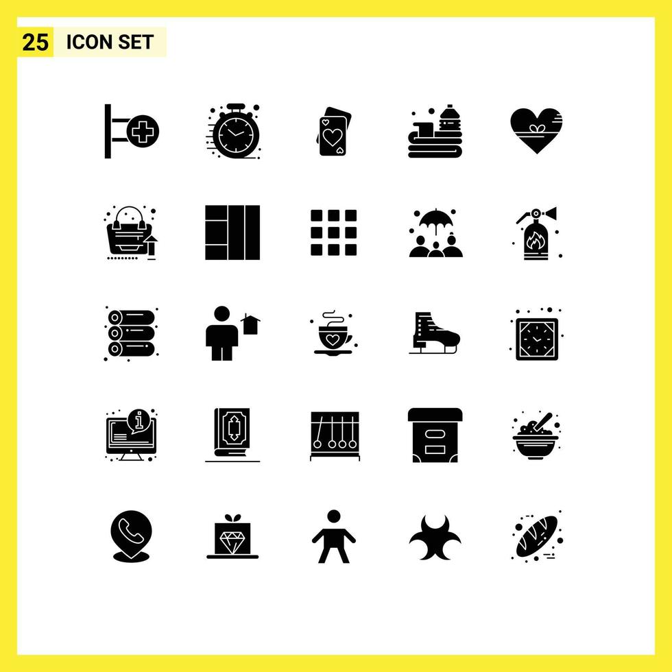 Mobile Interface Solid Glyph Set of 25 Pictograms of heart game card basketball ball Editable Vector Design Elements