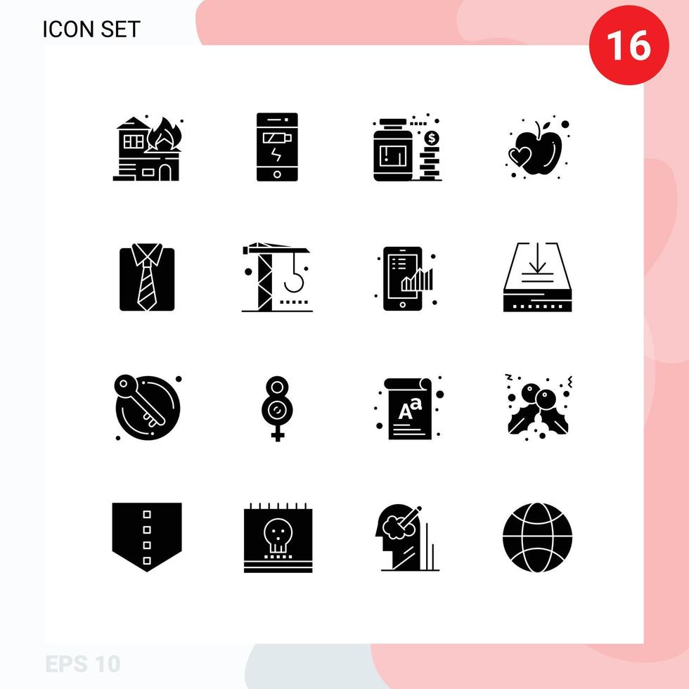 Universal Icon Symbols Group of 16 Modern Solid Glyphs of dad food currency heart apple Editable Vector Design Elements