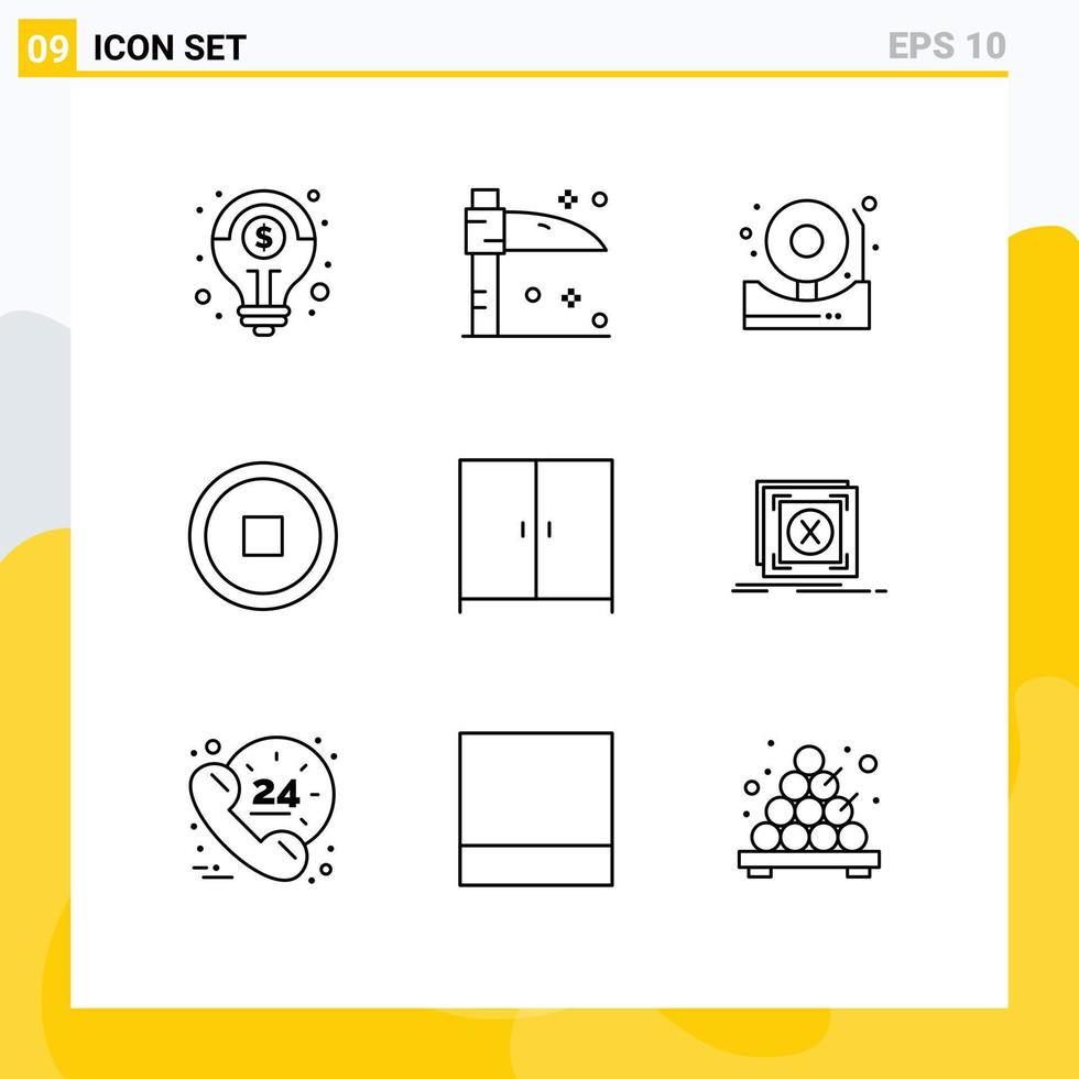 Modern Set of 9 Outlines Pictograph of error interior alert furniture stop Editable Vector Design Elements
