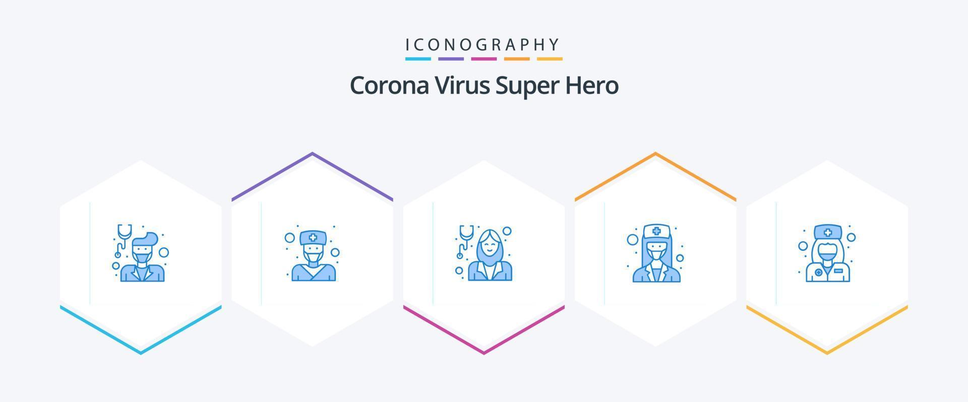 corona virus súper héroe 25 azul icono paquete incluso muchacha. femenino. femenino. doctor. niña vector