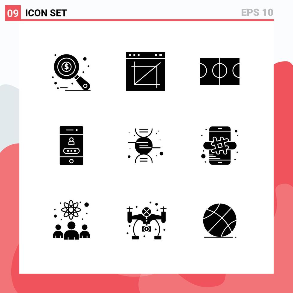 9 Universal Solid Glyph Signs Symbols of research security website password access Editable Vector Design Elements