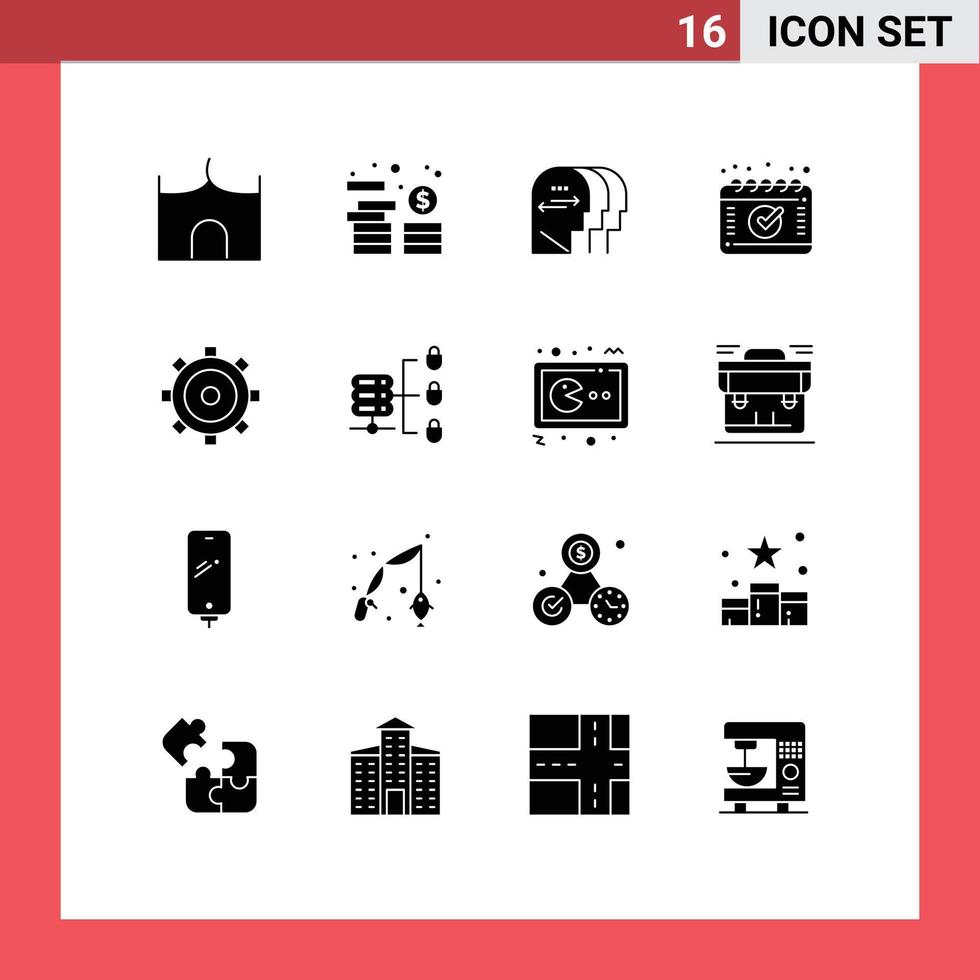 Modern Set of 16 Solid Glyphs Pictograph of gear schedule coins calendar head Editable Vector Design Elements