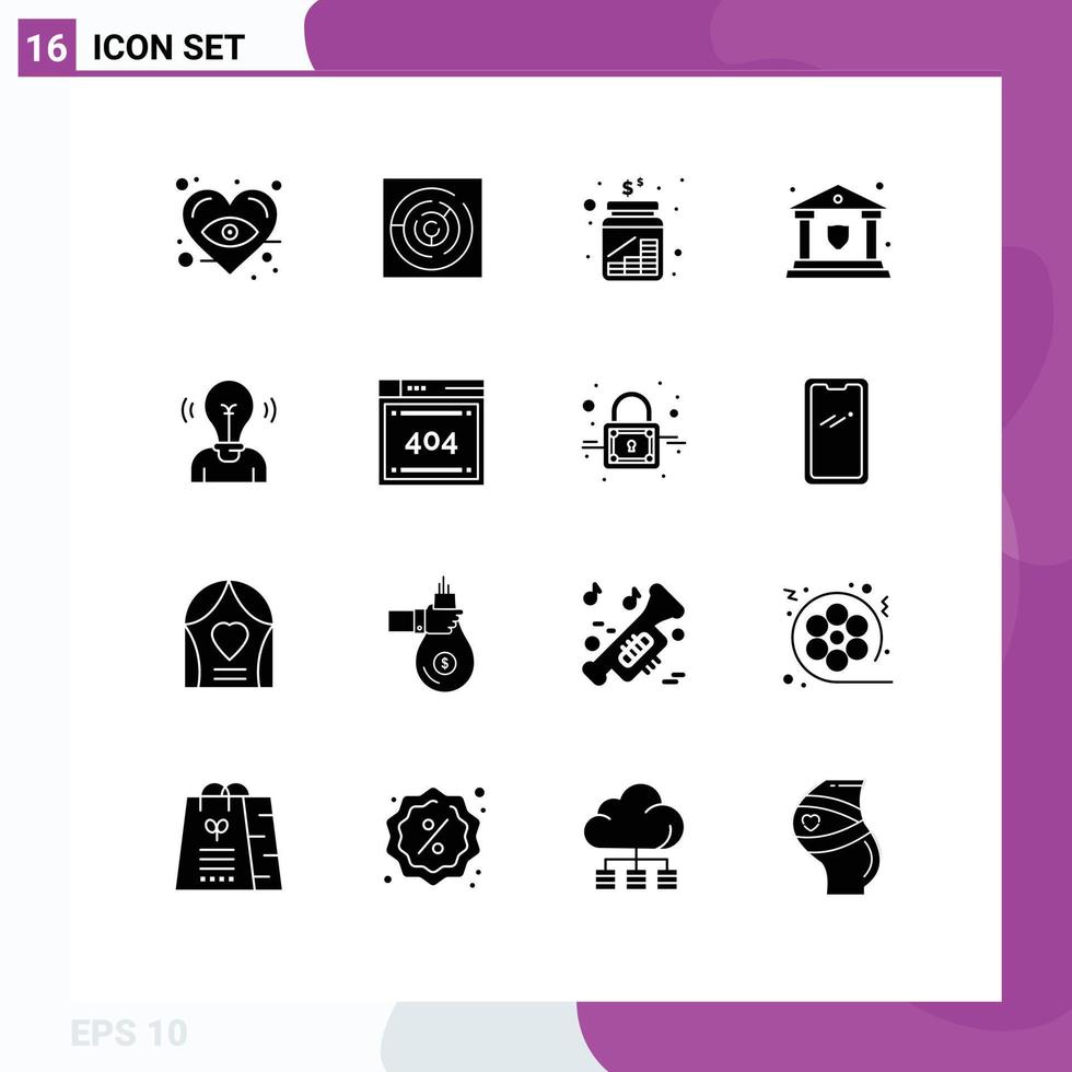 Editable Vector Line Pack of 16 Simple Solid Glyphs of idea shield coins security bank Editable Vector Design Elements