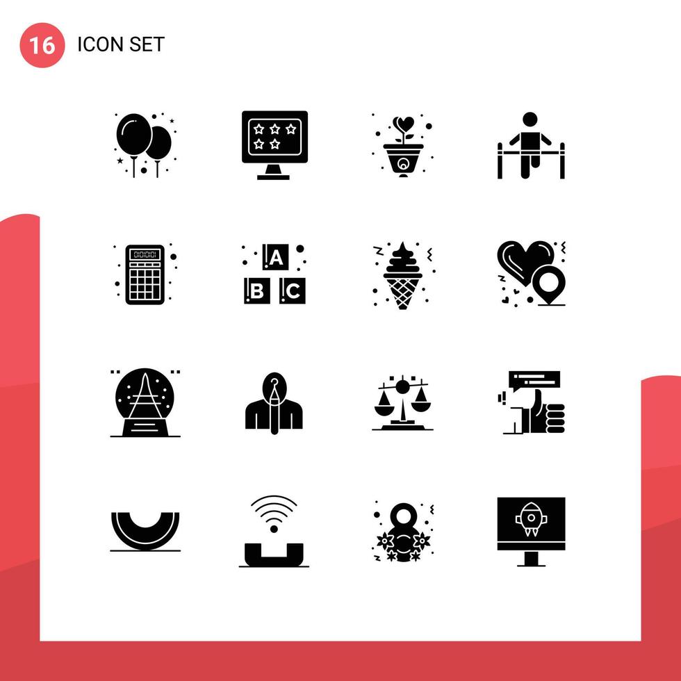 Pack of 16 Modern Solid Glyphs Signs and Symbols for Web Print Media such as accounting health grow gymnastic exercise Editable Vector Design Elements