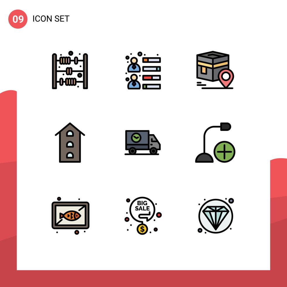 Modern Set of 9 Filledline Flat Colors Pictograph of buy shops kaba shop front buildings Editable Vector Design Elements