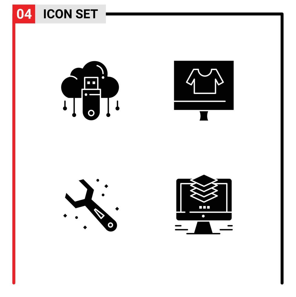 Universal Icon Symbols Group of 4 Modern Solid Glyphs of usb shirt cloud commerce plumbing Editable Vector Design Elements