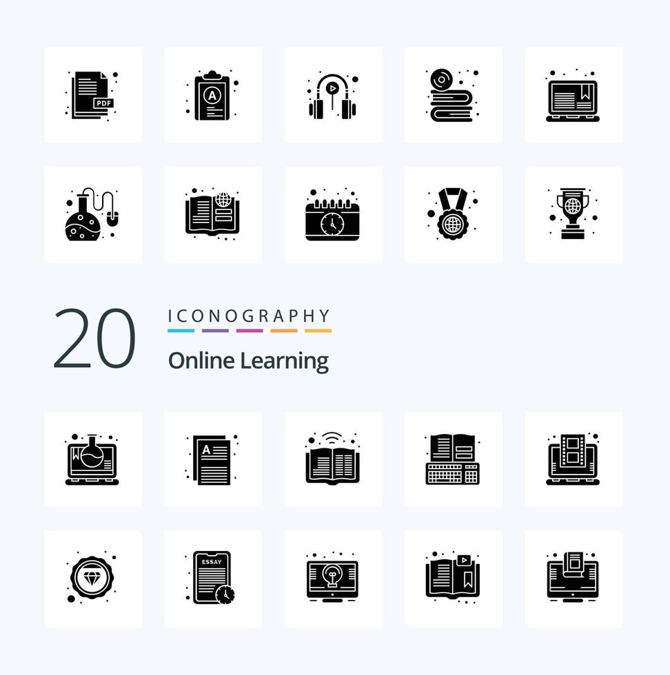 20 OnSolid Glyph Learning Solid Glyph icon Pack like education keyboard book online book vector