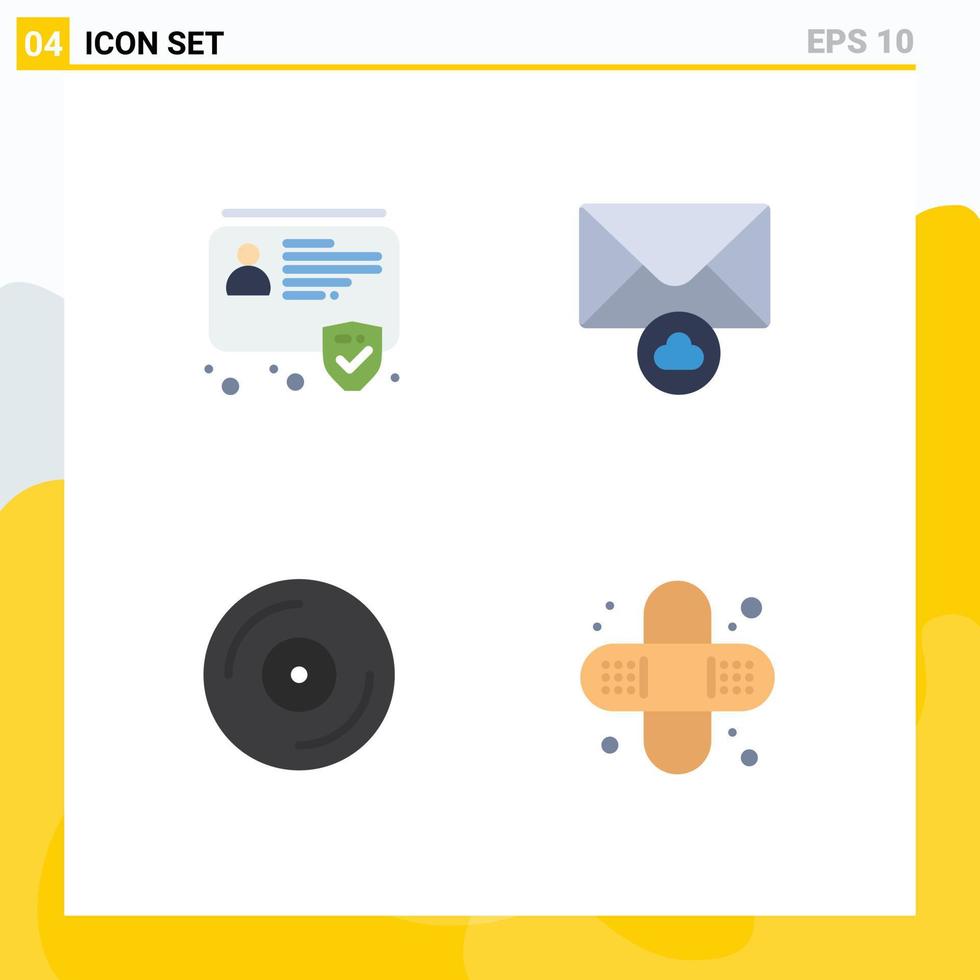 Flat Icon Pack of 4 Universal Symbols of id music security mail vinyl Editable Vector Design Elements