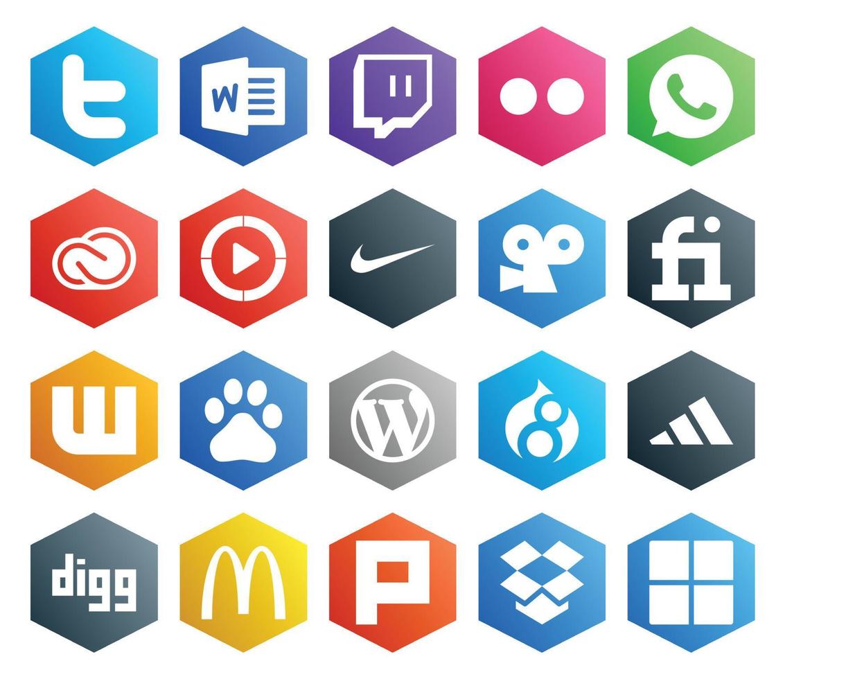 20 Social Media Icon Pack Including cms baidu adobe wattpad viddler vector