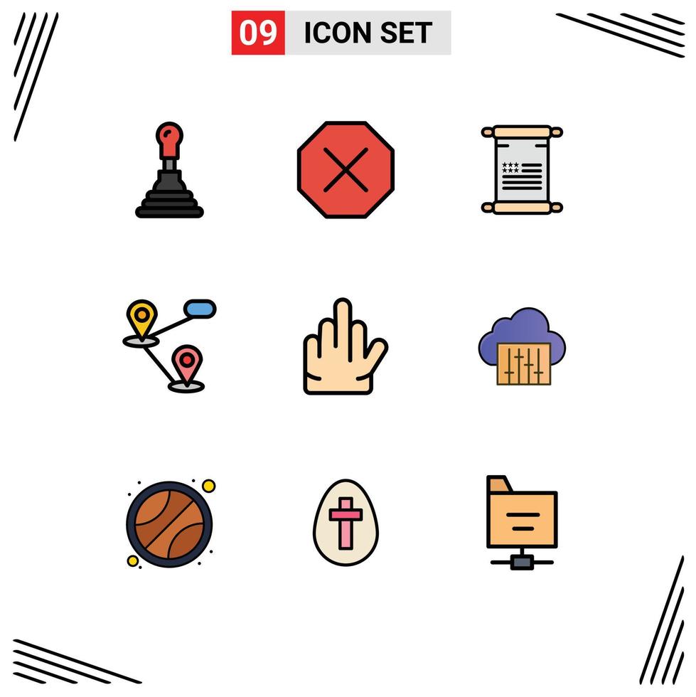 Set of 9 Vector Filledline Flat Colors on Grid for connection stop american hand map Editable Vector Design Elements