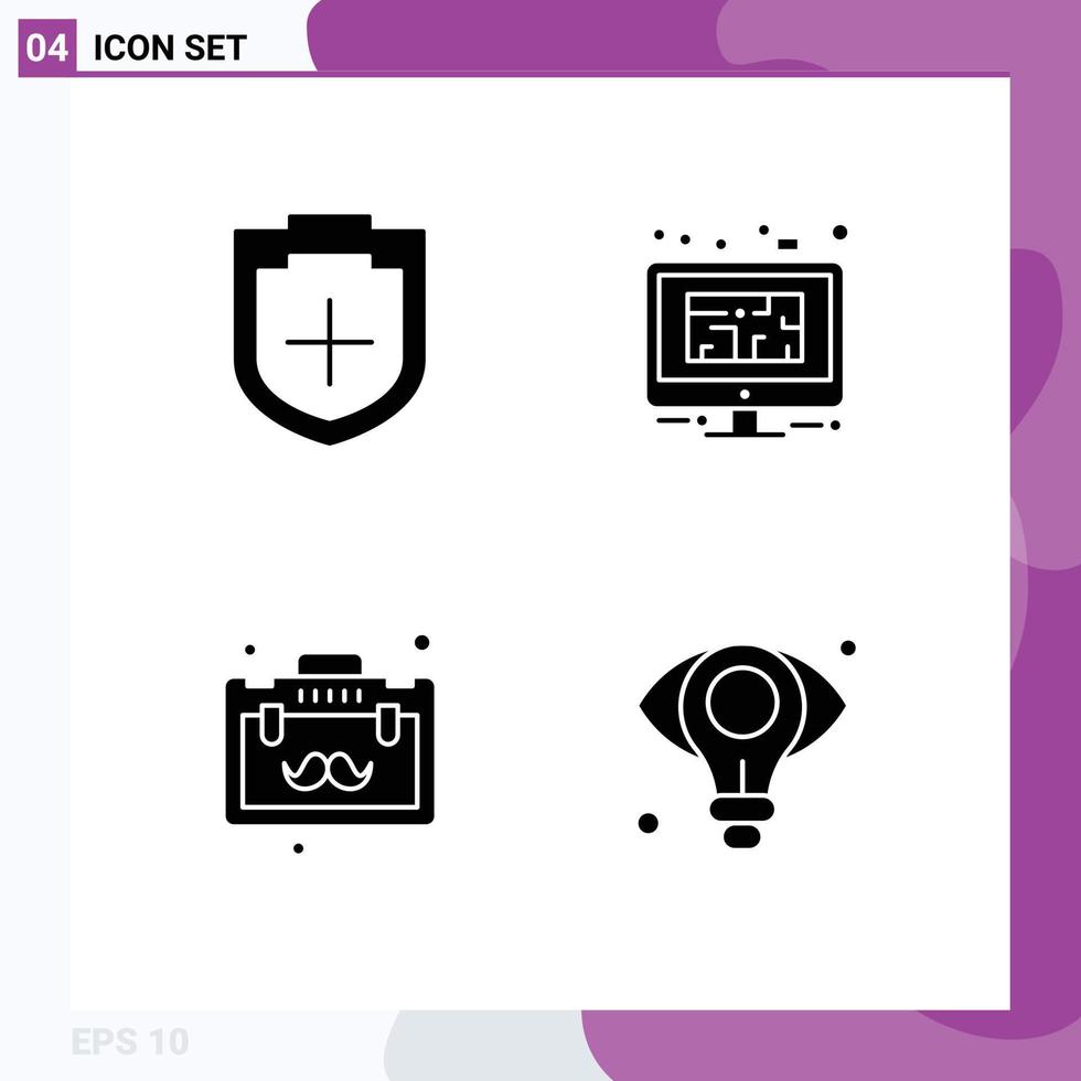 4 Thematic Vector Solid Glyphs and Editable Symbols of add briefcase shield design office Editable Vector Design Elements