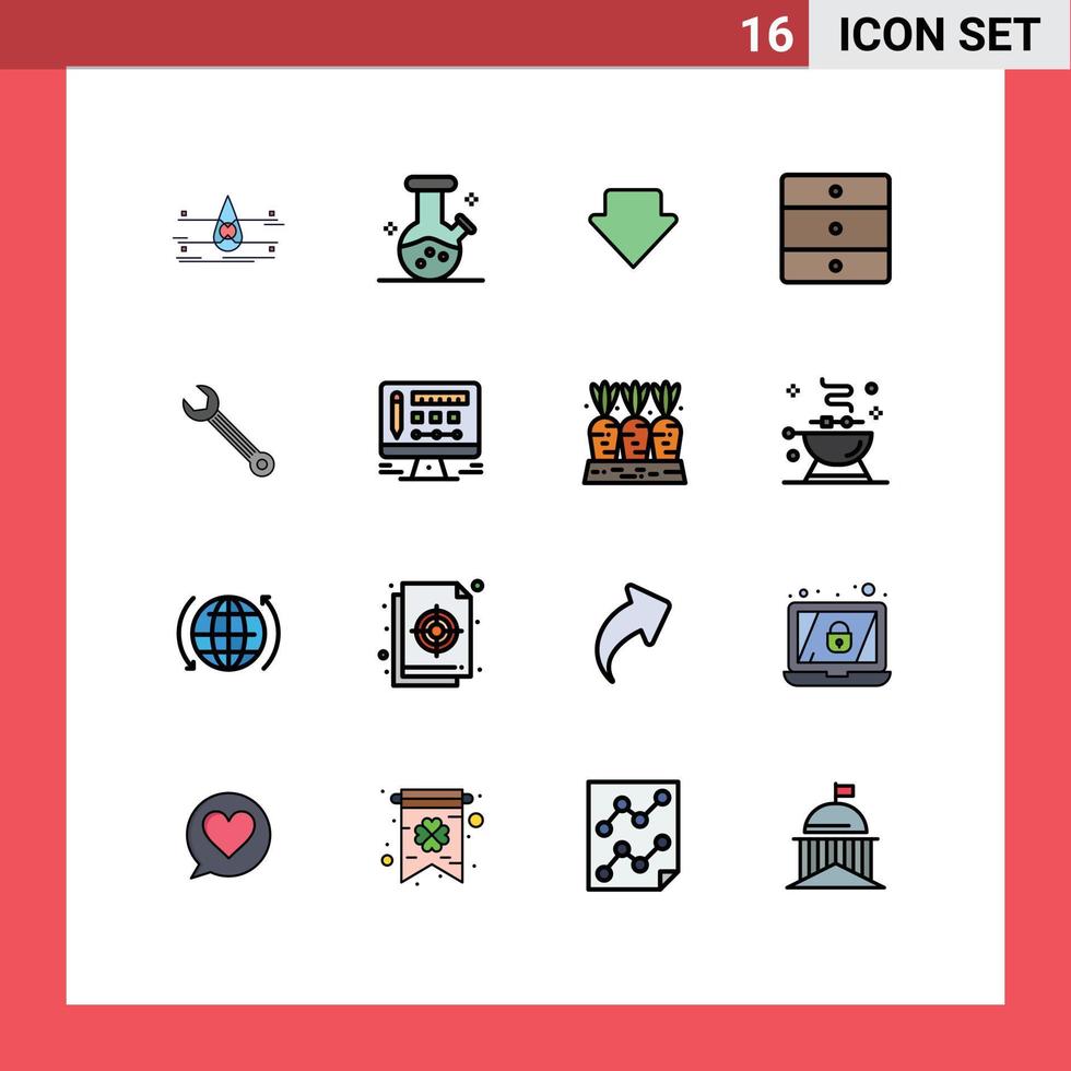 User Interface Pack of 16 Basic Flat Color Filled Lines of building wrench arrow wardrobe home Editable Creative Vector Design Elements