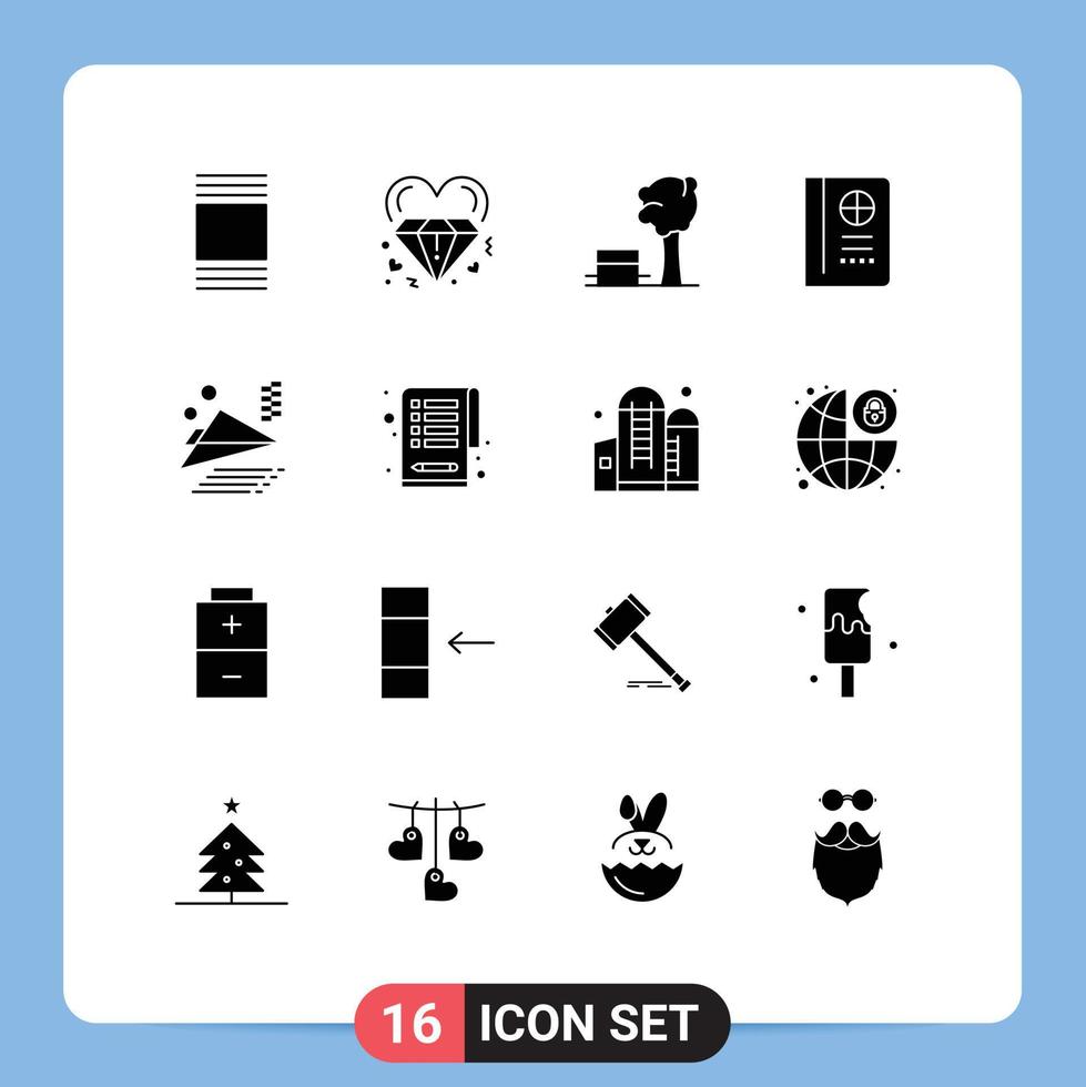 Mobile Interface Solid Glyph Set of 16 Pictograms of plane airplane bench vacation passport Editable Vector Design Elements