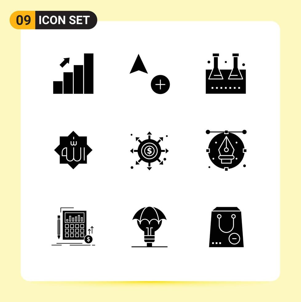 Pictogram Set of 9 Simple Solid Glyphs of calligraphy mark chemical flask islam test tube Editable Vector Design Elements