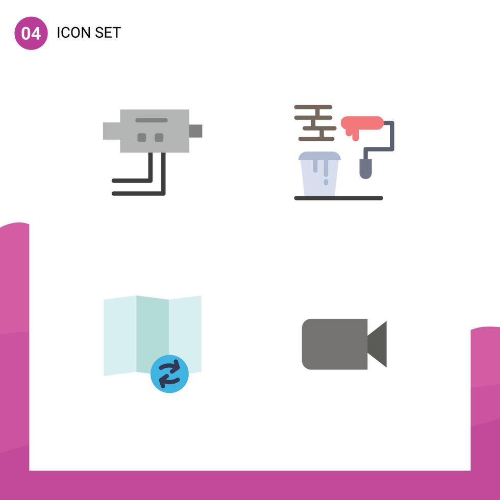 Group of 4 Flat Icons Signs and Symbols for cam sync brush roller camera Editable Vector Design Elements