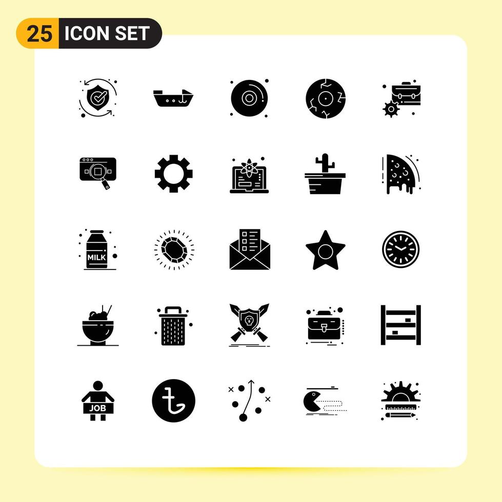 Modern Set of 25 Solid Glyphs Pictograph of finance briefcase cd horror fear Editable Vector Design Elements