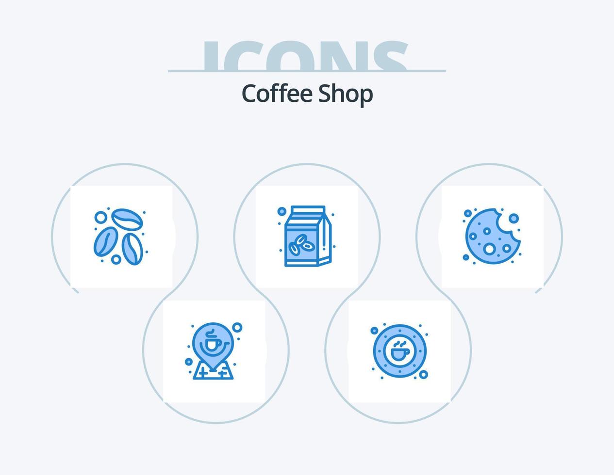 café tienda azul icono paquete 5 5 icono diseño. morder. azúcar bol. beber. café caja. café frijol vector