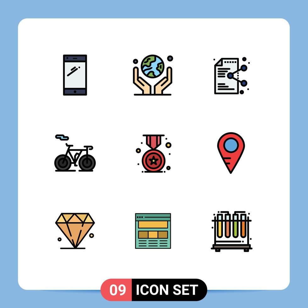 9 Universal Filledline Flat Color Signs Symbols of transport bicycle planet online document Editable Vector Design Elements