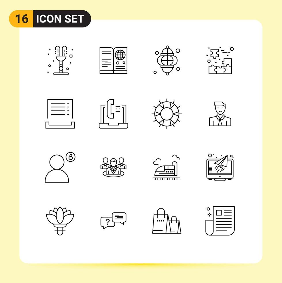 Mobile Interface Outline Set of 16 Pictograms of jigsaw puzzle cube international box lamp Editable Vector Design Elements