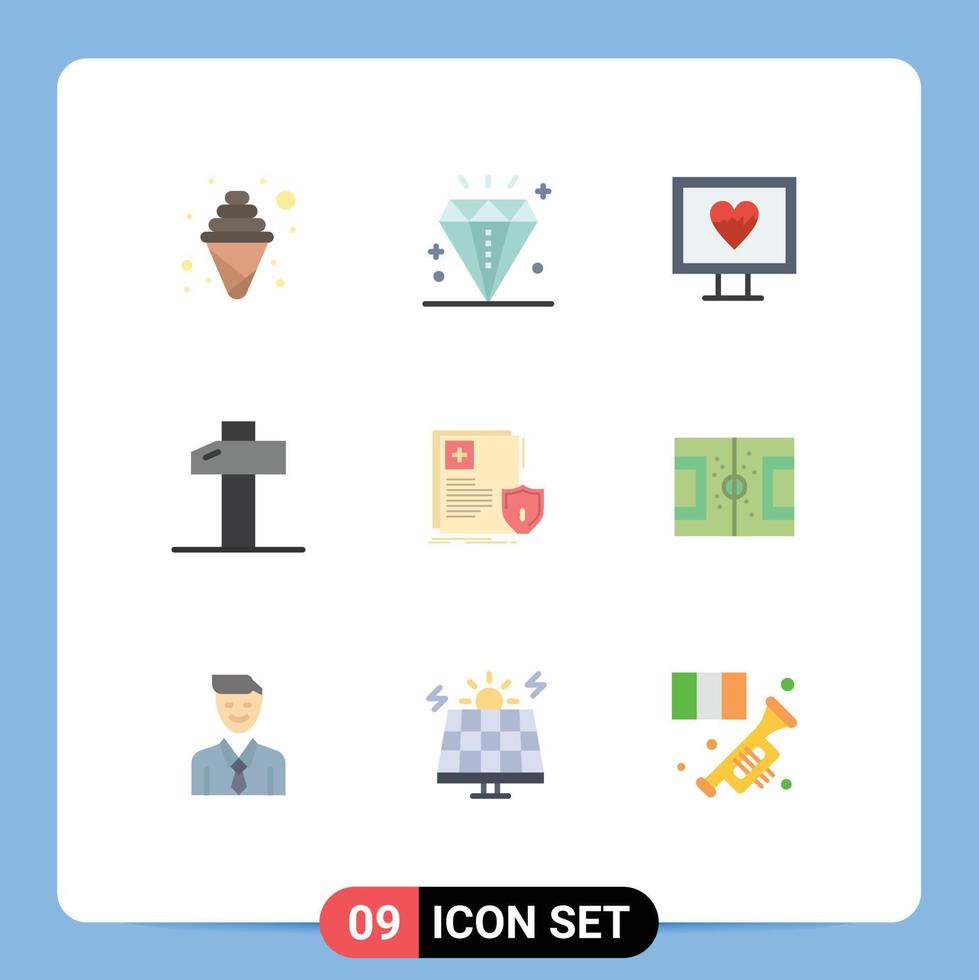 universal icono símbolos grupo de 9 9 moderno plano colores de médico proteccion corazón documento martillo editable vector diseño elementos