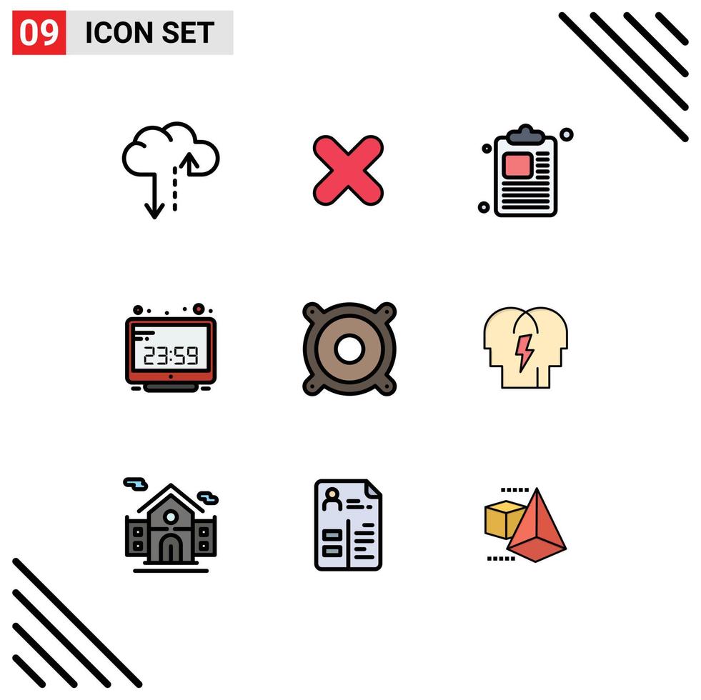 Pack of 9 Modern Filledline Flat Colors Signs and Symbols for Web Print Media such as speaker devices clipboard display computer clock Editable Vector Design Elements