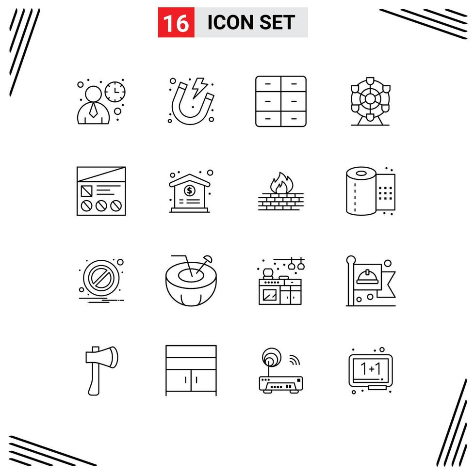 Set of 16 Modern UI Icons Symbols Signs for prototype fi closet wheel ferris Editable Vector Design Elements