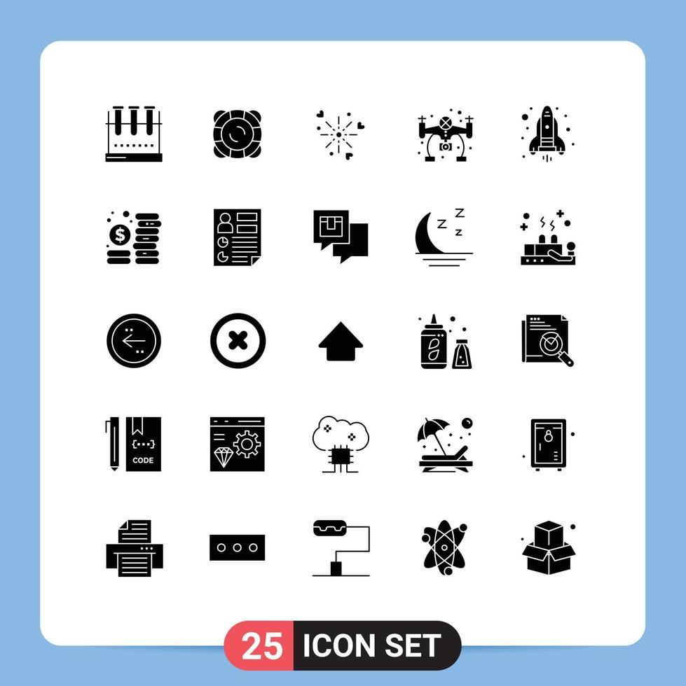 Group of 25 Modern Solid Glyphs Set for rocket camera float hobby love Editable Vector Design Elements